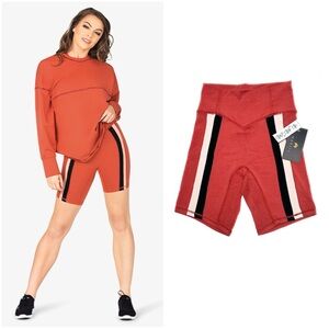 NWT Mariia Dancewear Bamboo Organic Cotton Hi-Rise Long Short Rust Side Stripe